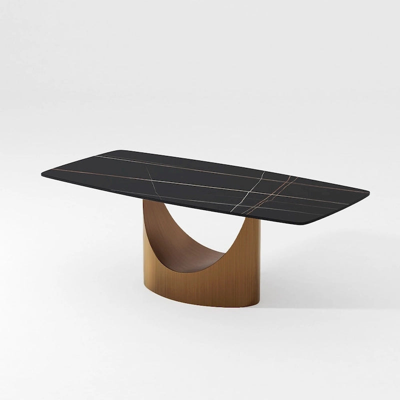 Table de salle à manger moderne Hobart 63-94 avec plateau rectangulaire en pierre frittée et pieds en acier au carbone pour 4 à 10 personnes
