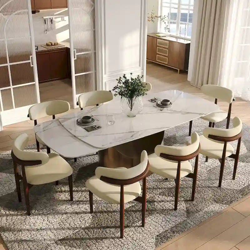 Table de salle à manger moderne Hobart 63-94 avec plateau rectangulaire en pierre frittée et pieds en acier au carbone pour 4 à 10 personnes