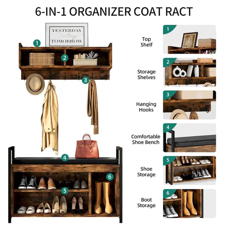 Ensemble porte-manteau industriel, banc à chaussures et rangement mural.