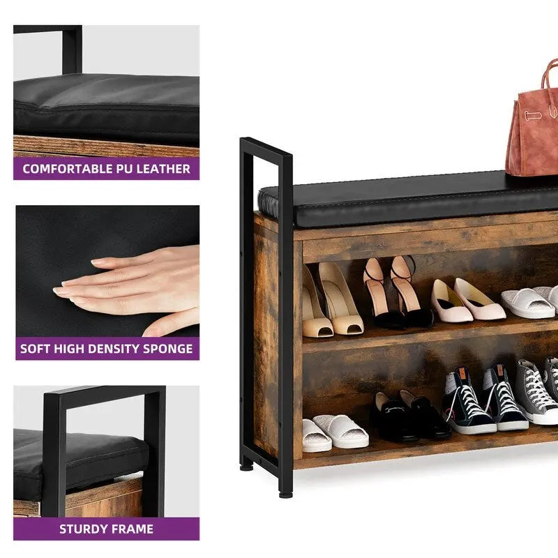 Ensemble porte-manteau industriel, banc à chaussures et rangement mural.