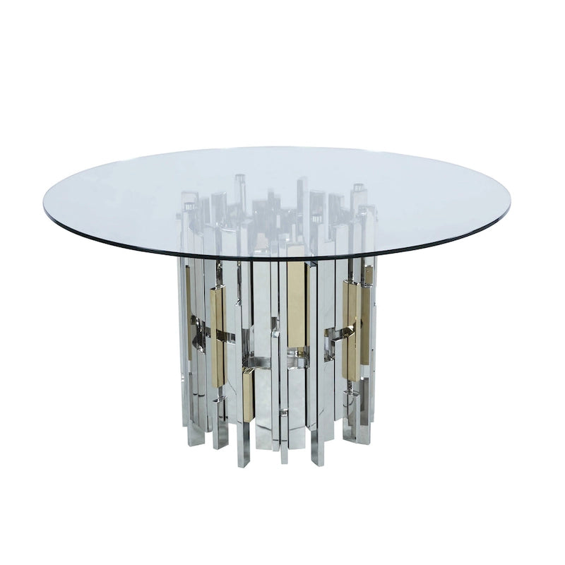 Table ronde contemporaine Somette en verre avec piètement en acier et motifs dorés