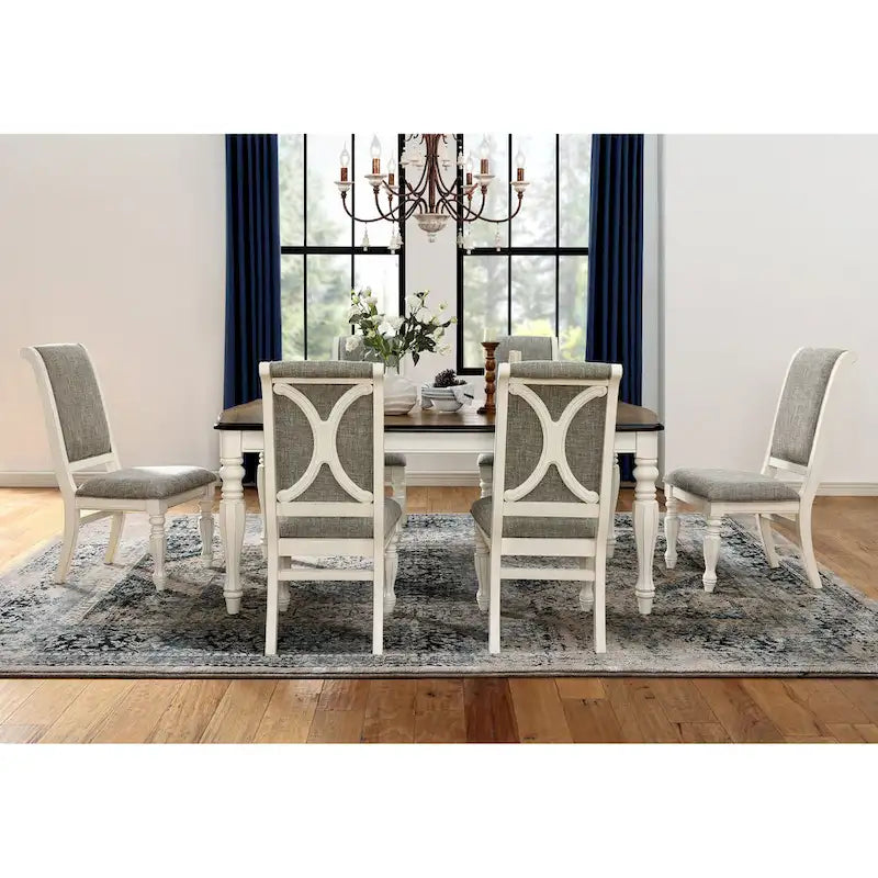Ensemble de salle à manger 7 pièces Belleza de Roundhill Furniture, style campagne française, finition blanc antique et chêne vieilli
