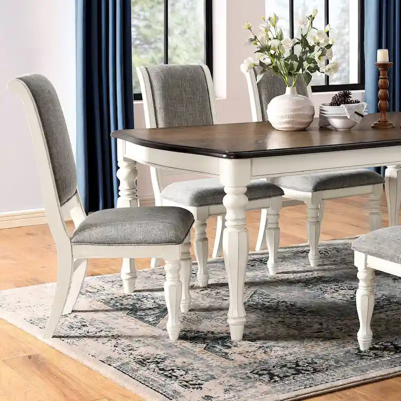 Ensemble de salle à manger 7 pièces Belleza de Roundhill Furniture, style campagne française, finition blanc antique et chêne vieilli