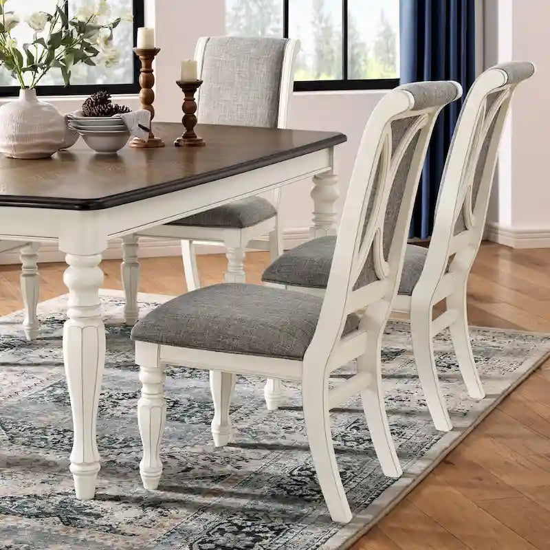 Ensemble de salle à manger 7 pièces Belleza de Roundhill Furniture, style campagne française, finition blanc antique et chêne vieilli