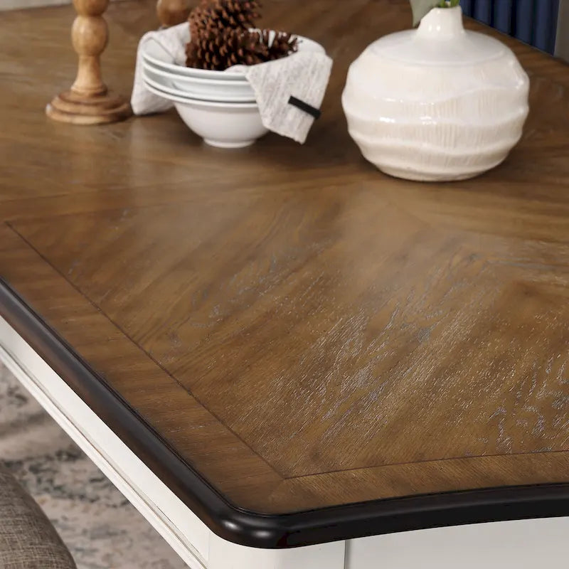 Ensemble de salle à manger 7 pièces Belleza de Roundhill Furniture, style campagne française, finition blanc antique et chêne vieilli