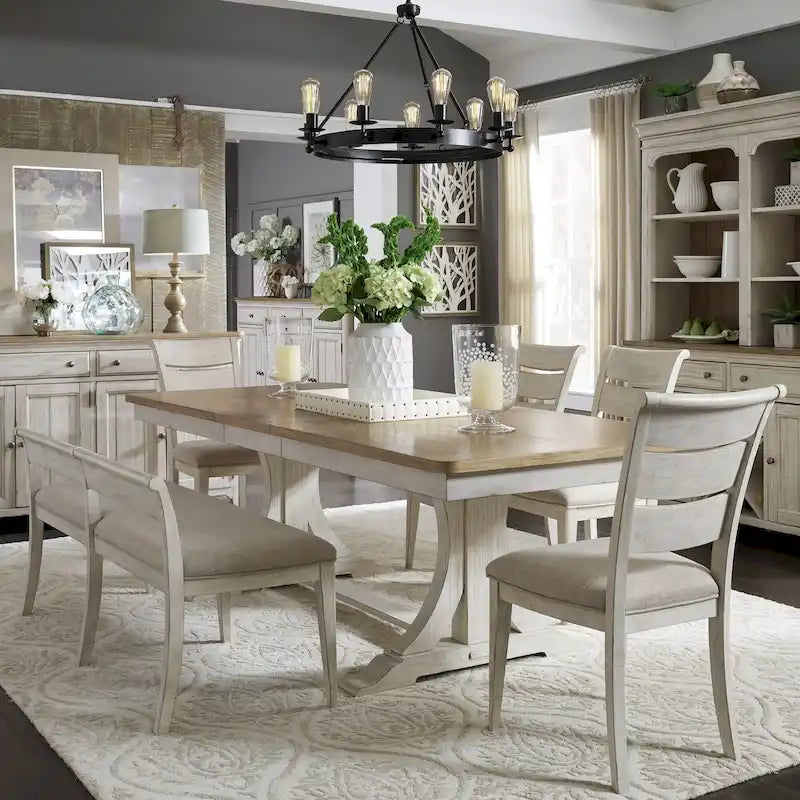 Ensemble de table à tréteaux 6 pièces blanc antique revisité