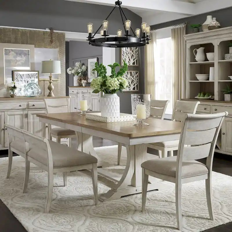 Farmhouse Reimagined Antique White Opt 6 Piece Trestle Table Set