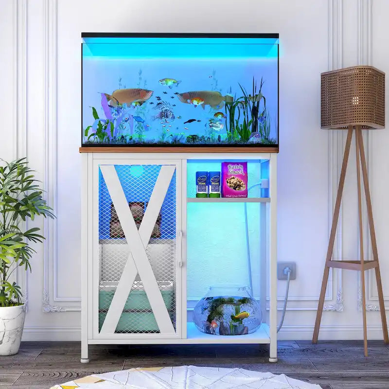 Meuble pour aquarium Moasis avec prises électriques et éclairage RGB 7 couleurs, meuble de rangement intégré
