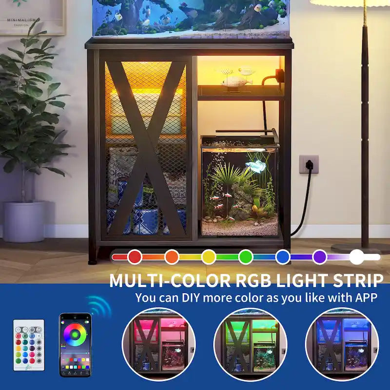 Meuble pour aquarium Moasis avec prises électriques et éclairage RGB 7 couleurs, meuble de rangement intégré