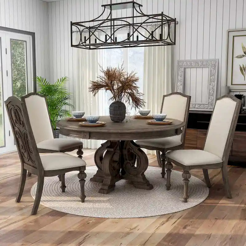 Ensemble de salle à manger rond Cornerways Traditional en bois massif brun avec pied central, par The Gray Barn
