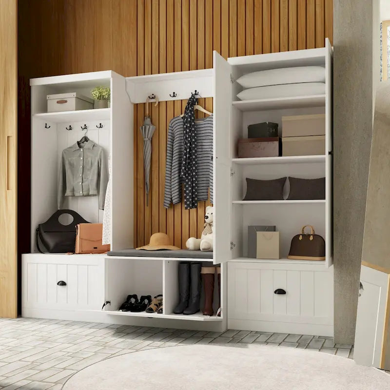 Ensemble porte-manteaux d'entrée, banc de rangement, organisateur de placard, portant à vêtements