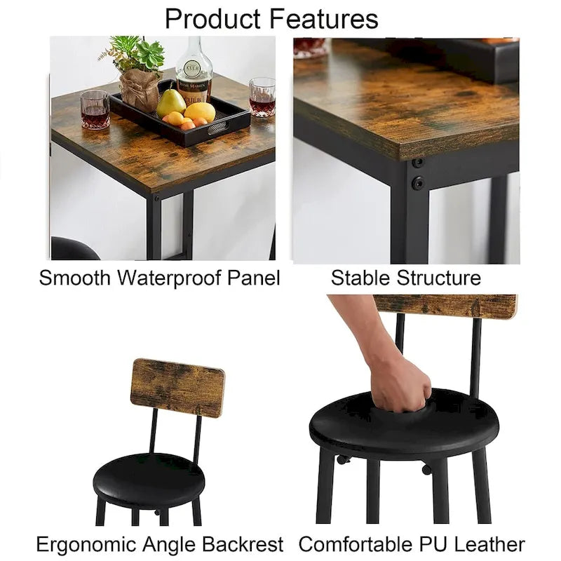 Ensemble table de bar 3 pièces, ensemble table de cuisine pour 2 personnes, tabourets rembourrés