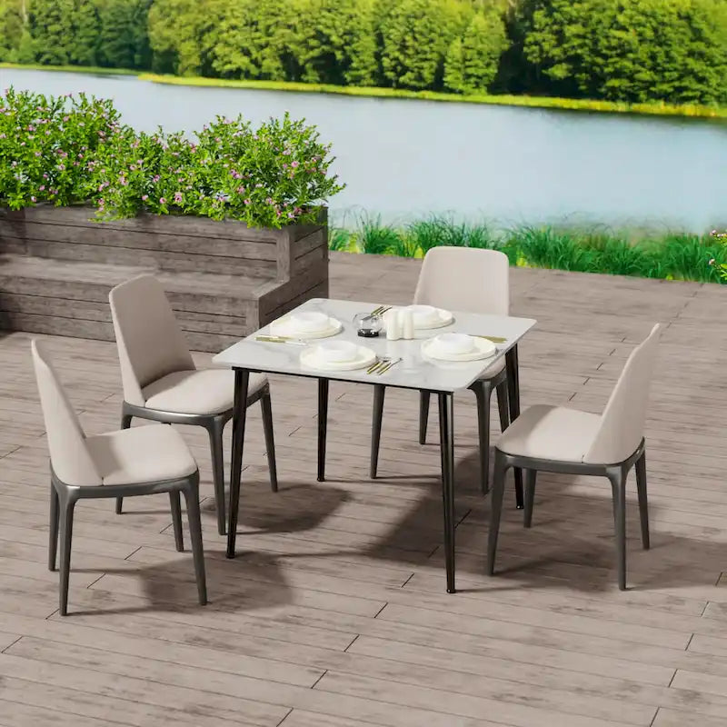 Table de cuisine/salle à manger carrée 4 places, plateau en pierre frittée effet marbre moderne