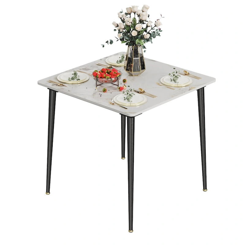 Table de cuisine/salle à manger carrée 4 places, plateau en pierre frittée effet marbre moderne