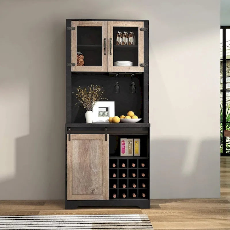 Meuble bar à café avec porte coulissante de style grange, buffet industriel avec rangement pour bouteilles de vin