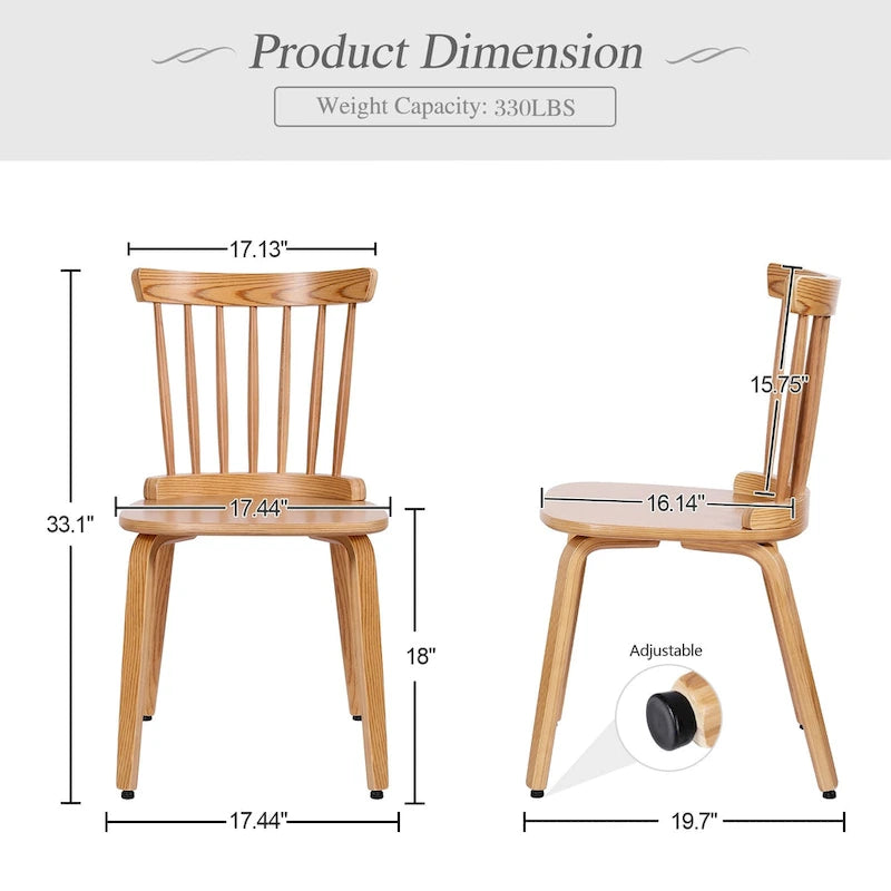 Chaises de salle à manger Windsor à dossier à fuseaux en bois massif, ensemble de 2 - 17,44 (L) x 19,7 (P) x 33,1 (H)