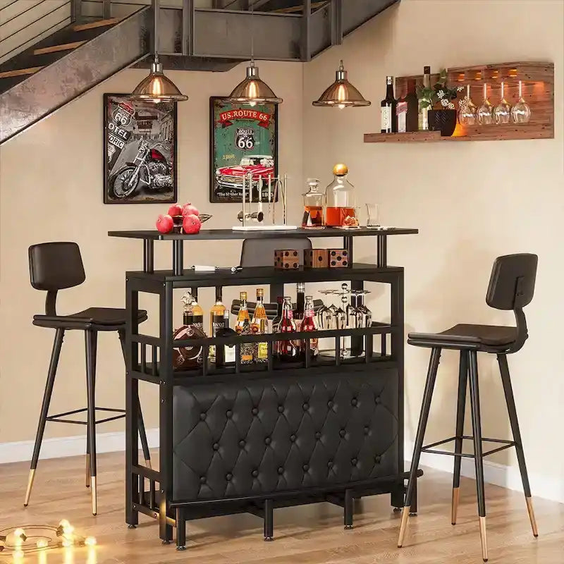 Meuble bar avec comptoir et étagère de rangement rembourrée à l'avant, repose-pieds en métal pour la maison ou le sous-sol.