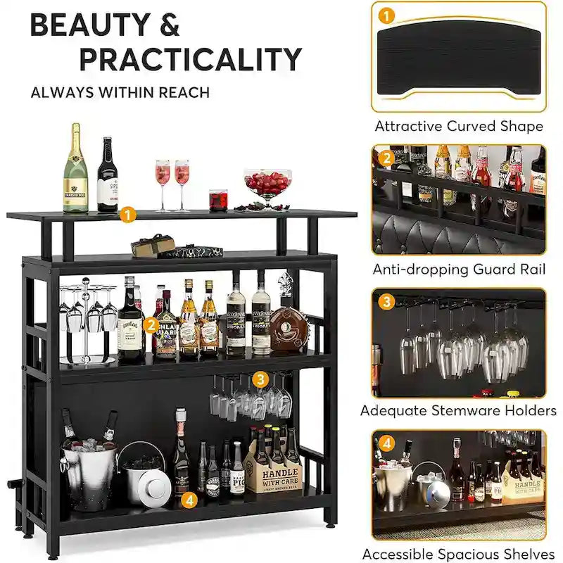 Meuble bar avec comptoir et étagère de rangement rembourrée à l'avant, repose-pieds en métal pour la maison ou le sous-sol.
