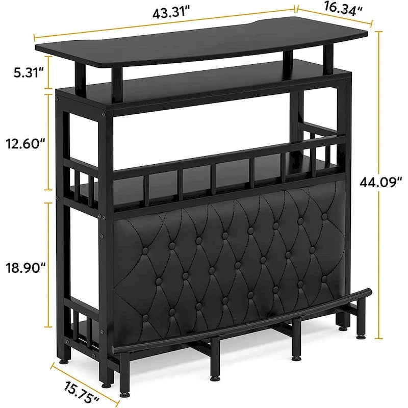 Meuble bar avec comptoir et étagère de rangement rembourrée à l'avant, repose-pieds en métal pour la maison ou le sous-sol.