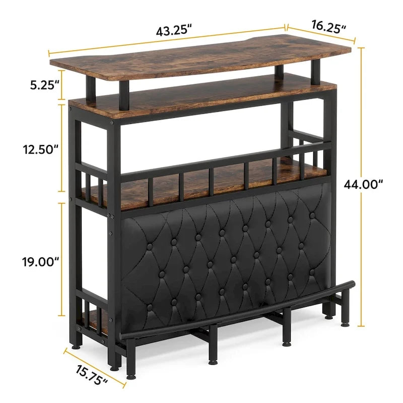 Meuble bar avec comptoir et étagère de rangement rembourrée à l'avant, repose-pieds en métal pour la maison ou le sous-sol.