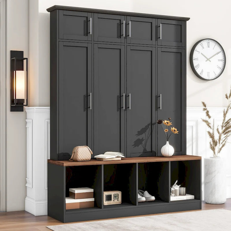 Hall Tree Storage Cabinet with 4/6 Hidden Hooks, Bench, and Open Compartments