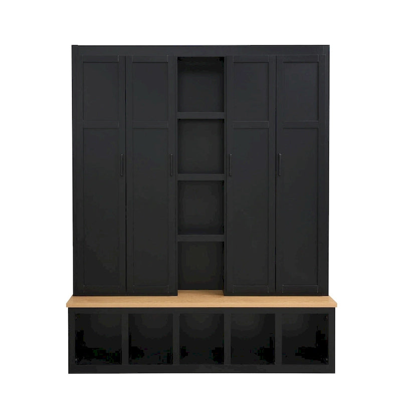 Meuble de rangement pour entrée avec 4/6 crochets dissimulés, banc et compartiments ouverts
