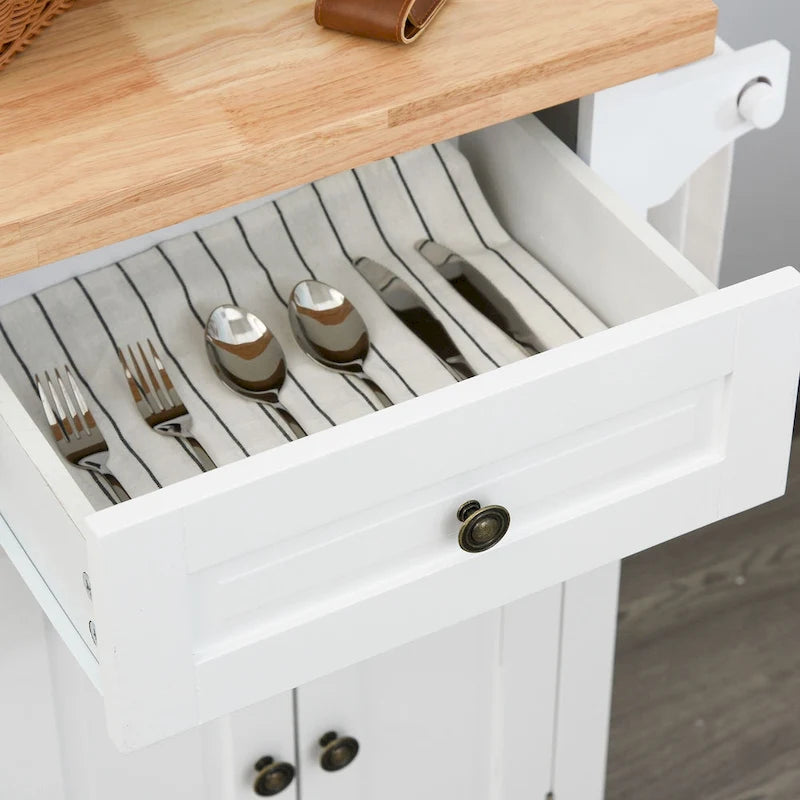 Chariot de cuisine roulant HOMCOM avec plateau en bois d'hévéa, étagère à épices, porte-serviettes et tiroirs pour salle à manger