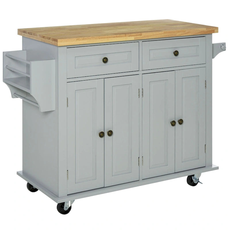 Chariot de cuisine roulant HOMCOM avec plateau en bois d'hévéa, étagère à épices, porte-serviettes et tiroirs pour salle à manger