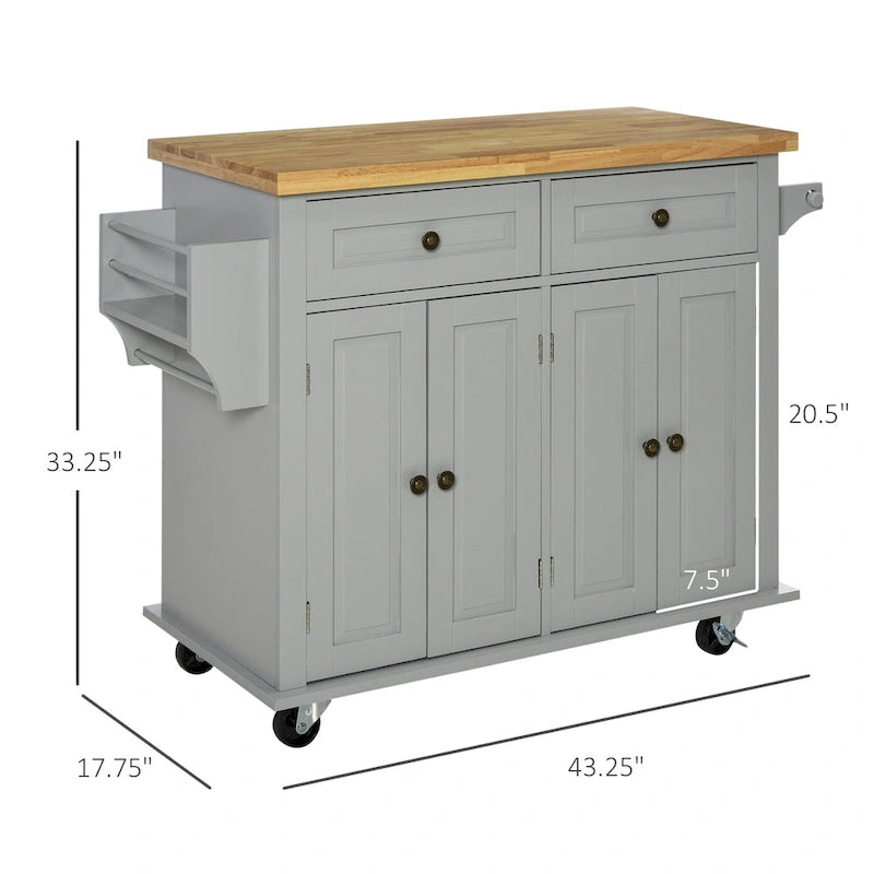 Chariot de cuisine roulant HOMCOM avec plateau en bois d'hévéa, étagère à épices, porte-serviettes et tiroirs pour salle à manger
