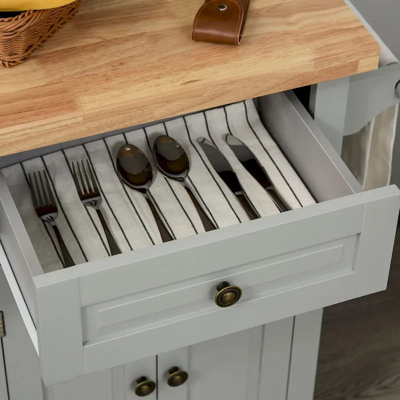 Chariot de cuisine roulant HOMCOM avec plateau en bois d'hévéa, étagère à épices, porte-serviettes et tiroirs pour salle à manger