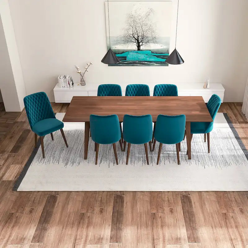 Ensemble de salle à manger rectangulaire Addison 9 pièces de style milieu du siècle avec 8 chaises de salle à manger en velours turquoise