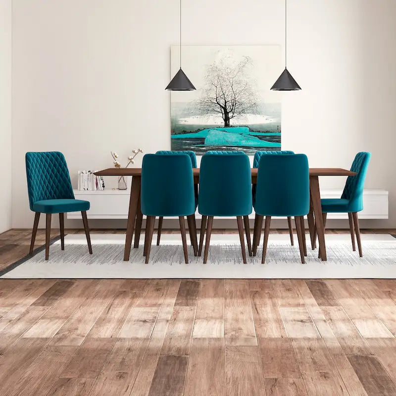 Ensemble de salle à manger rectangulaire Addison 9 pièces de style milieu du siècle avec 8 chaises de salle à manger en velours turquoise