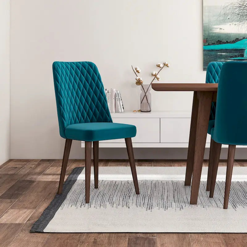 Ensemble de salle à manger rectangulaire Addison 9 pièces de style milieu du siècle avec 8 chaises de salle à manger en velours turquoise