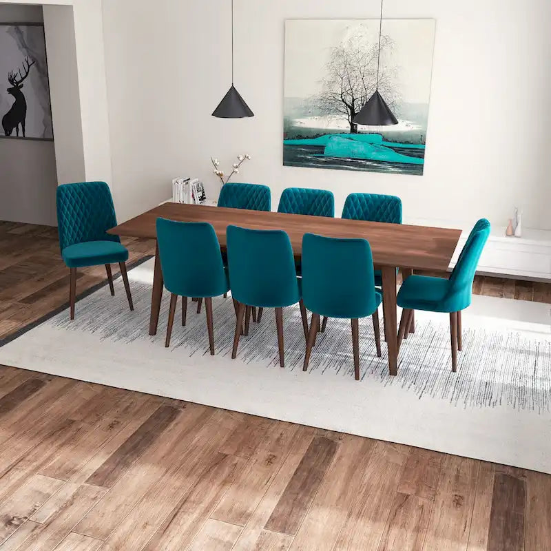 Ensemble de salle à manger rectangulaire Addison 9 pièces de style milieu du siècle avec 8 chaises de salle à manger en velours turquoise