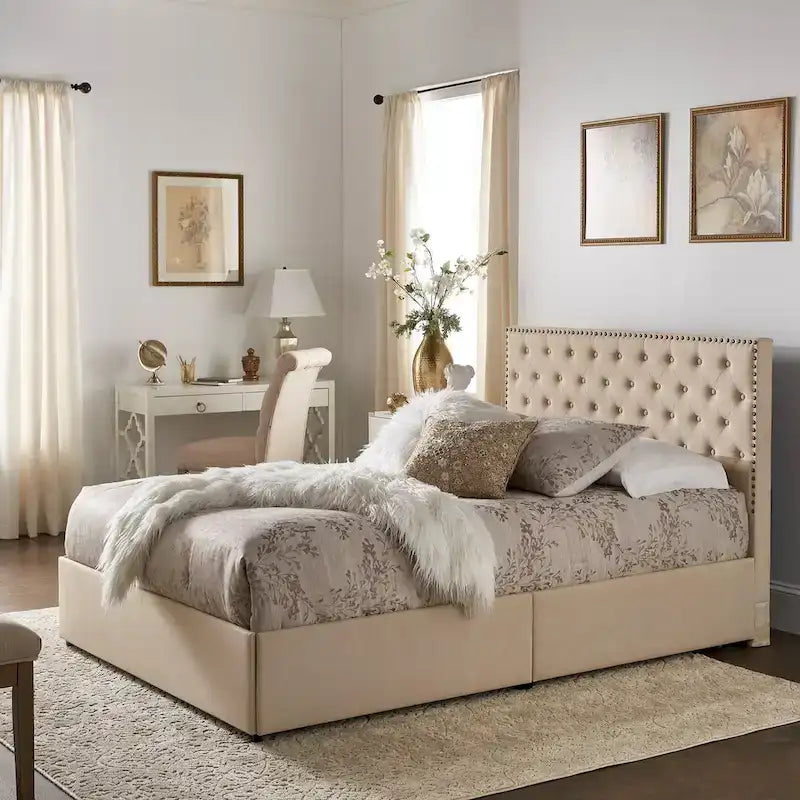 Lit plateforme avec tête de lit en lin cloutée Arlert et rangement par iNSPIRE Q Classic