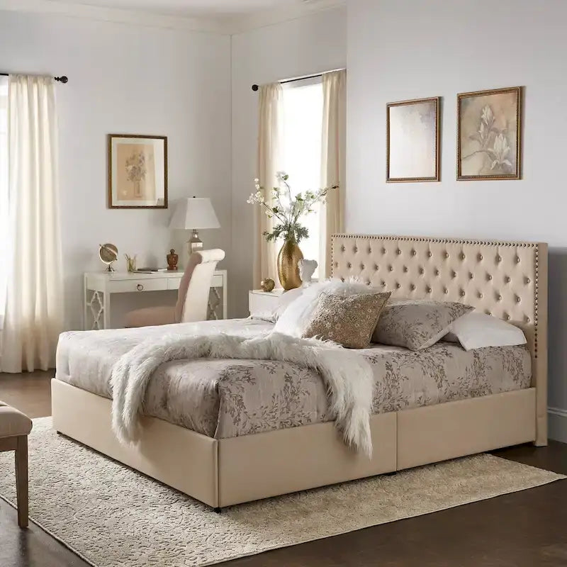 Lit plateforme avec tête de lit en lin cloutée Arlert et rangement par iNSPIRE Q Classic