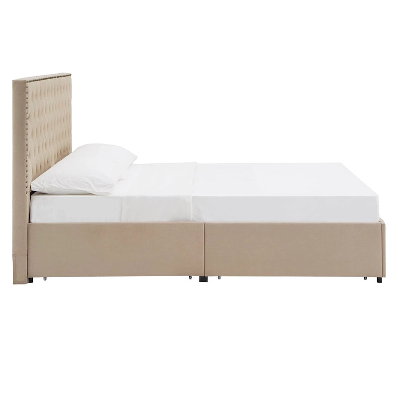 Lit plateforme avec tête de lit en lin cloutée Arlert et rangement par iNSPIRE Q Classic