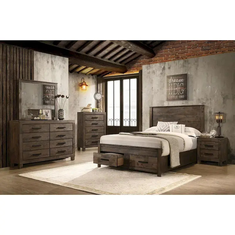 Lit King Size oriental en bois avec deux tiroirs au pied du lit, couleur brun doré
