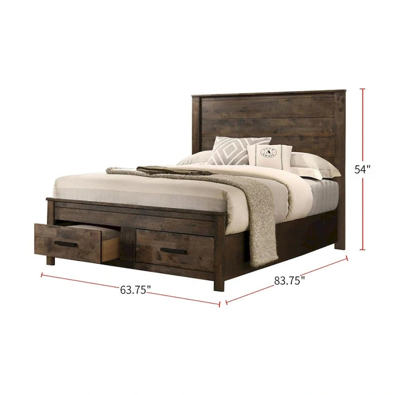 Lit King Size oriental en bois avec deux tiroirs au pied du lit, couleur brun doré