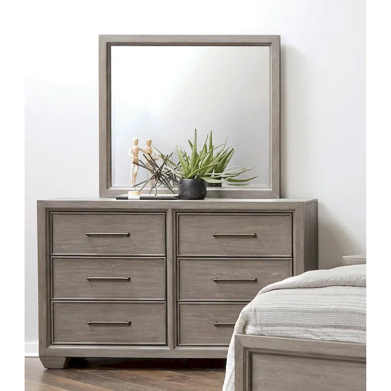 Ensemble de chambre à coucher Roundhill Furniture Ennesley en bois gris avec lit à panneaux rembourrés, commode, miroir et table de chevet