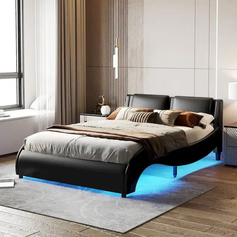 Lit plateforme capitonné en similicuir avec éclairage LED
