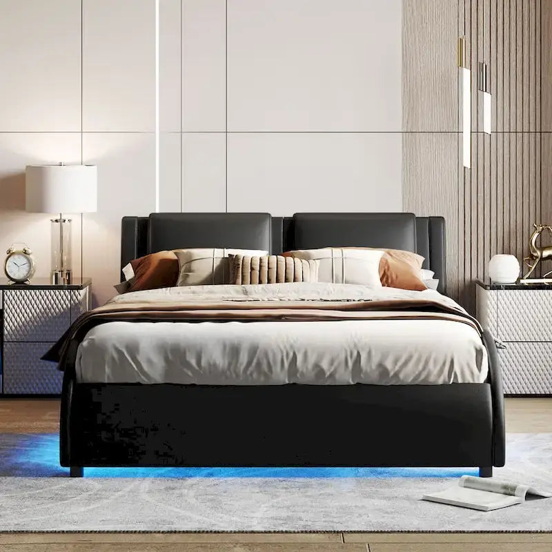 Lit plateforme capitonné en similicuir avec éclairage LED