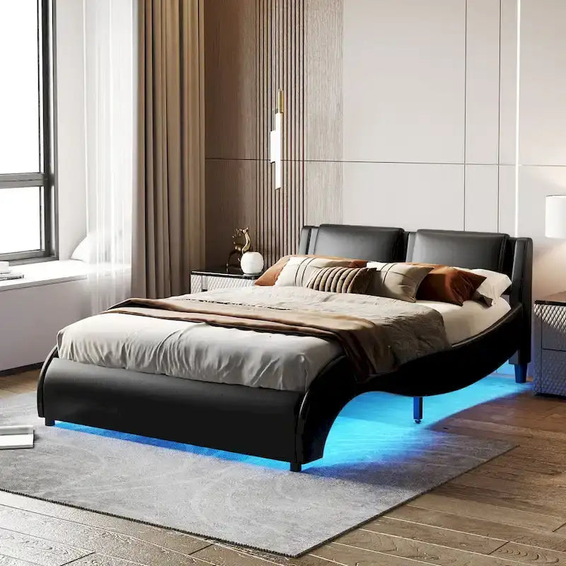 Lit plateforme capitonné en similicuir avec éclairage LED