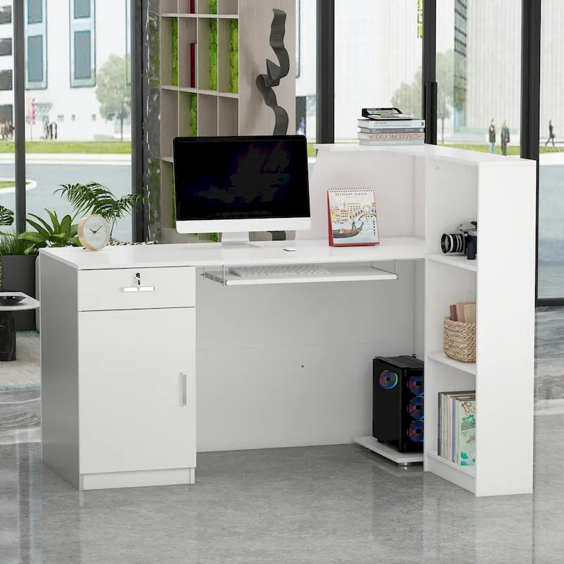 Bureau d'accueil en forme de L avec étagère de rangement par Timechee