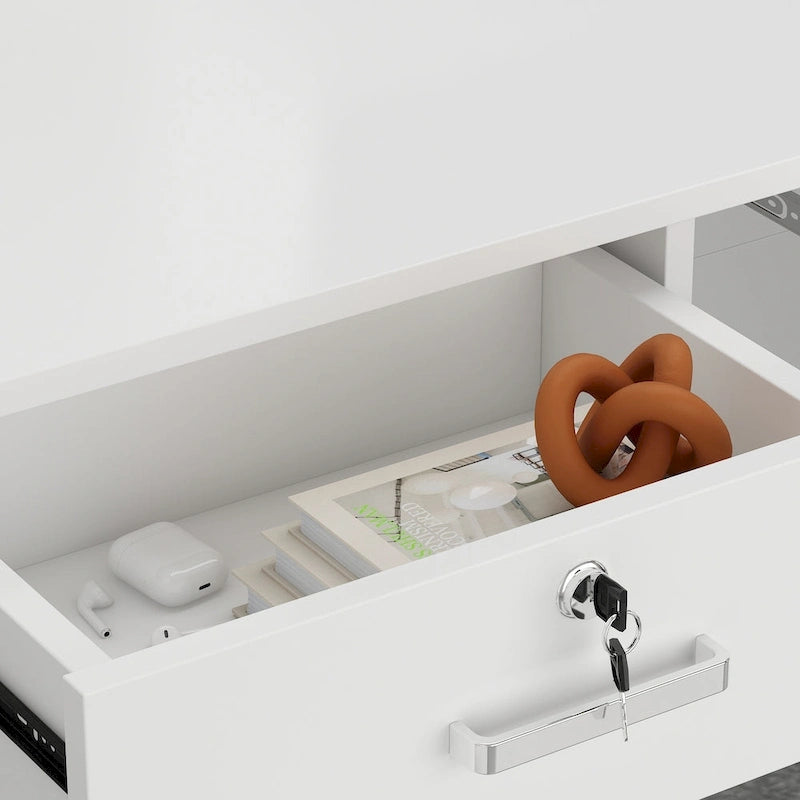 Bureau d'accueil en forme de L avec étagère de rangement par Timechee