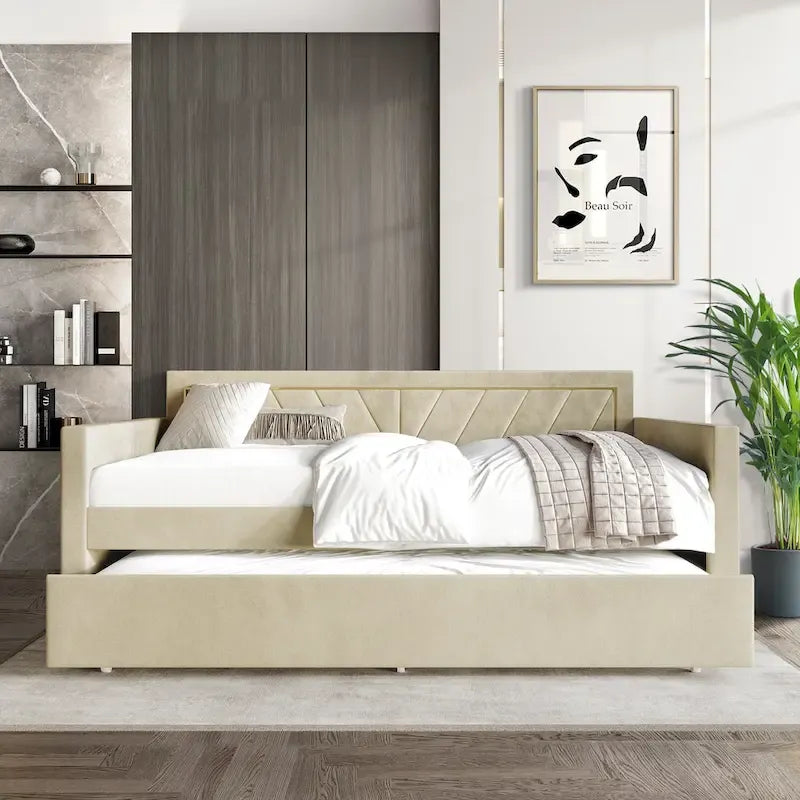 Lit de jour CraftPorch Glam Velvet capitonné, format simple, avec lit gigogne