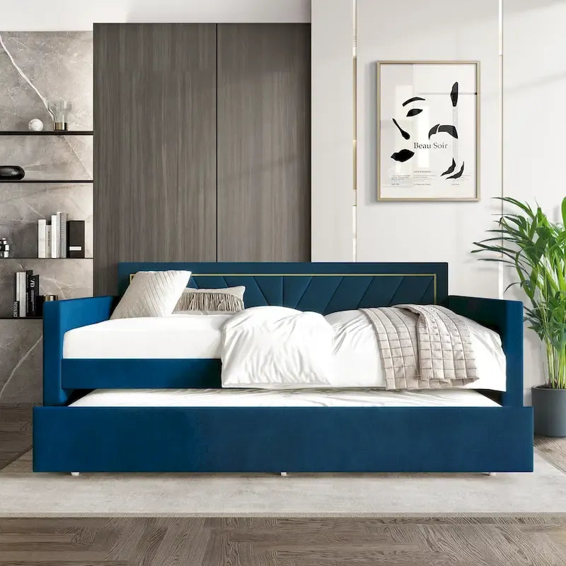 Lit de jour CraftPorch Glam Velvet capitonné, format simple, avec lit gigogne