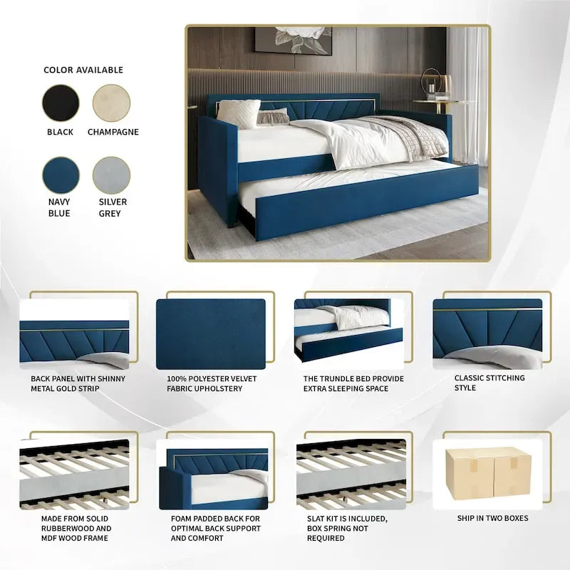 Lit de jour CraftPorch Glam Velvet capitonné, format simple, avec lit gigogne