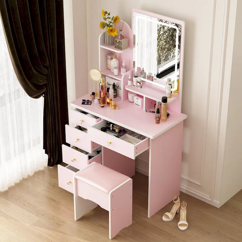 Ensemble coiffeuse avec miroir lumineux, étagères et tiroirs de rangement, blanc - 80 cm (L) x 40 cm (l) x 140 cm (H)
