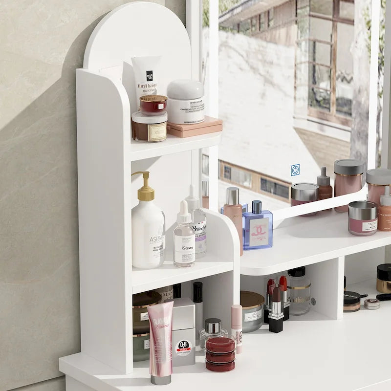 Ensemble coiffeuse avec miroir lumineux, étagères et tiroirs de rangement, blanc - 80 cm (L) x 40 cm (l) x 140 cm (H)